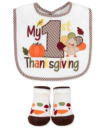 Baby Essentials Baby Boys' and Baby Girls' My 1st Thanksgiving Gingham Check Bib and Socks, 2-Piece Set