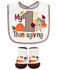Baby Essentials Baby Boys' and Baby Girls' My 1st Thanksgiving Gingham Check Bib and Socks, 2-Piece Set
