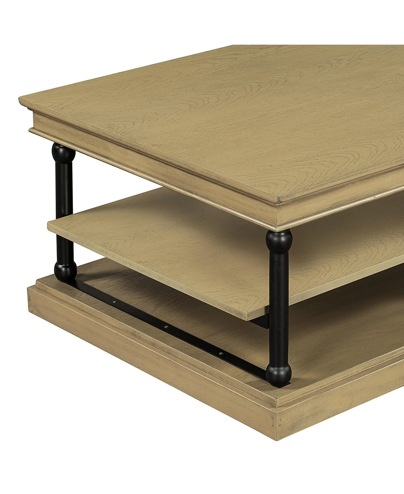 Boyel Living 55" Modern Wood Coffee Table, Brown Finish with Metal Legs, 2-Tier Open Storage Shelves for Room