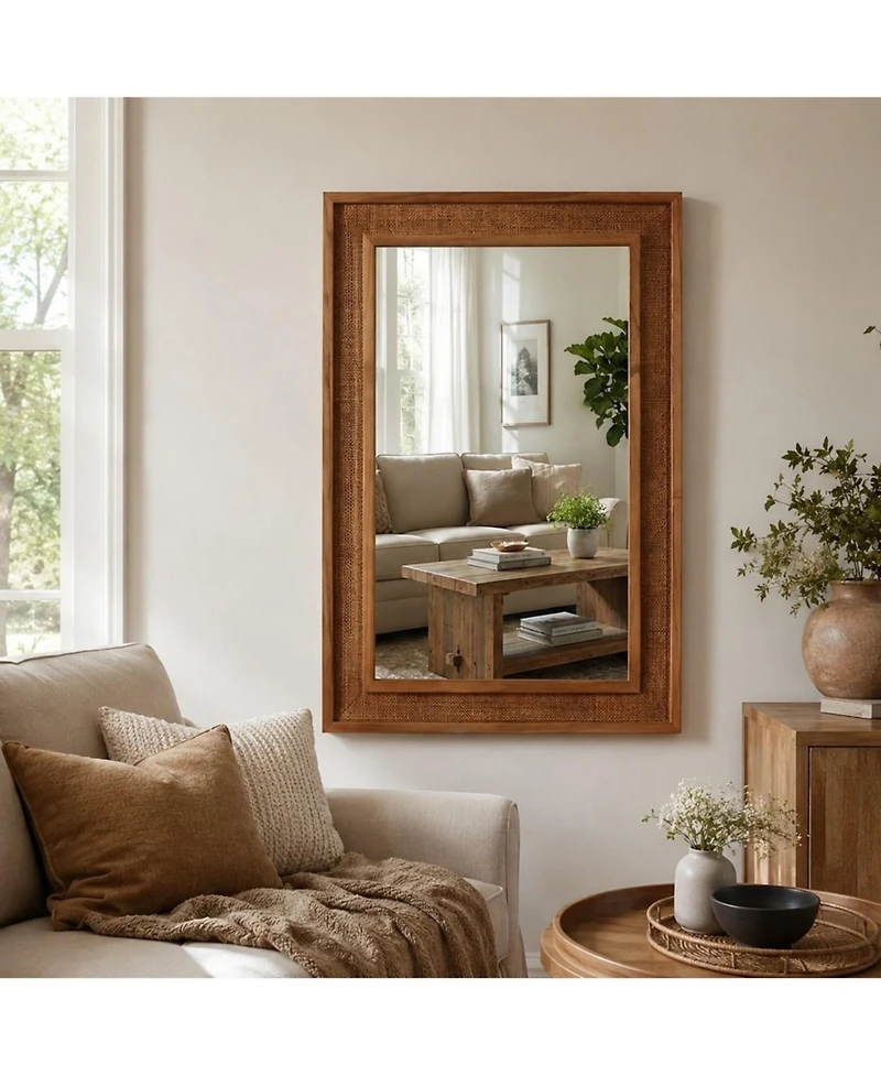 Phying Rectangular Rattan Wall Mirror 20x30 Inch Solid Wood Frame Farmhouse Decorative Vanity Mirror Aesthetic Wall Art for Home Bathroom
