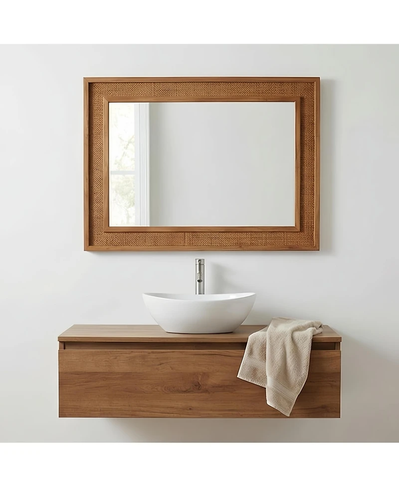 Phying Rectangular Rattan Wall Mirror 20x30 Inch Solid Wood Frame Farmhouse Decorative Vanity Mirror Aesthetic Wall Art for Home Bathroom