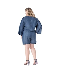 Standards & Practices Plus Barbie Bell-Sleeve Lace-Up V-Neck Denim Romper