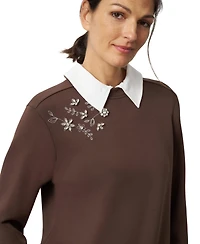 Cable & Gauge Women's Collared Long-Sleeve Embellished Twofer Top