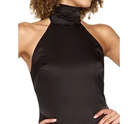 B Darlin Juniors' Halter-Neck Satin Back-Neck Tie Gown