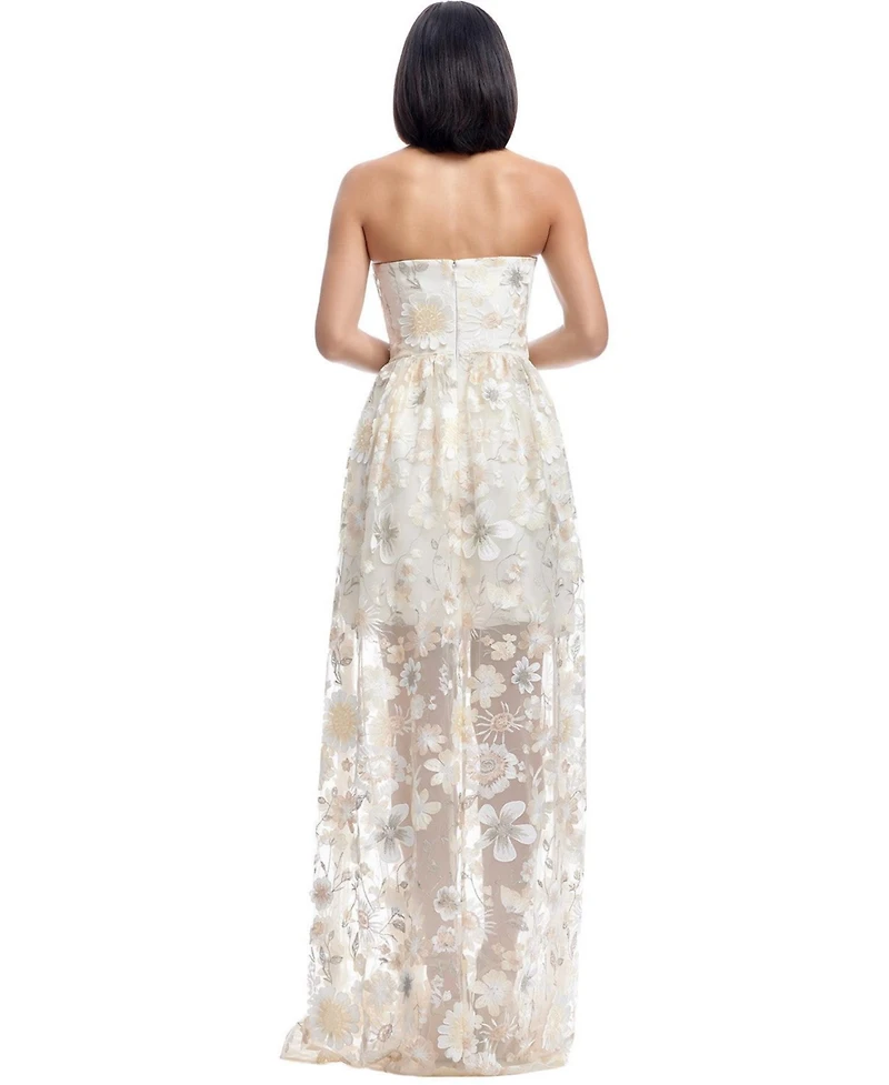 Dress The Population Women's Audrina Strapless Sweetheart 3D Floral Applique Sheer Overlay Gown