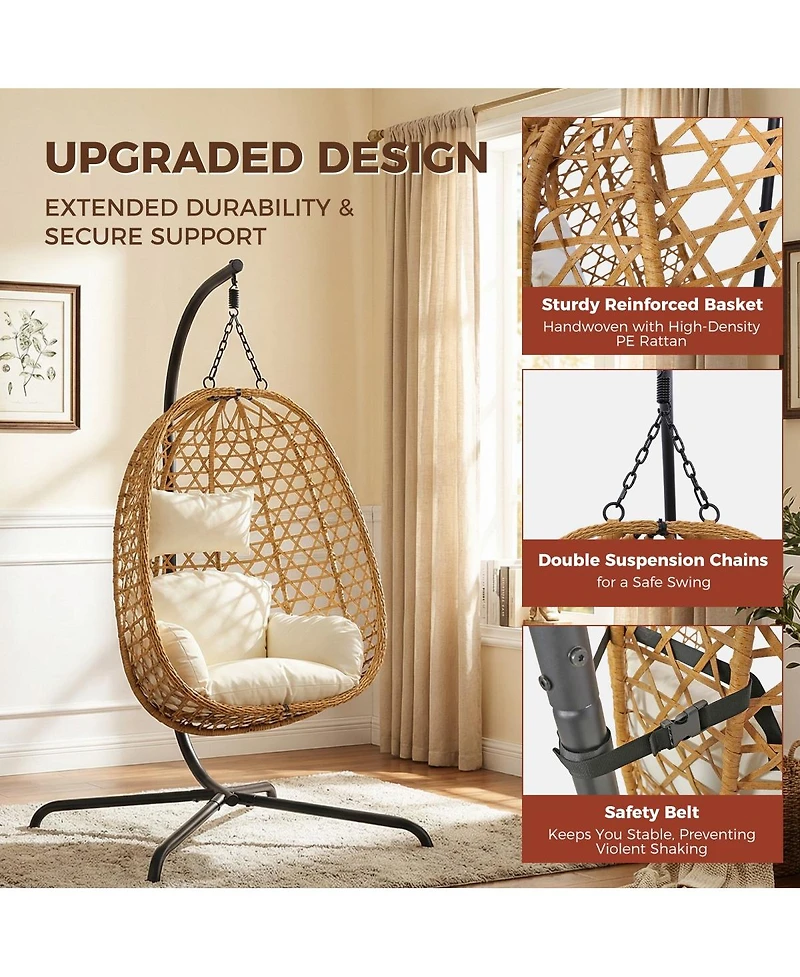 Asagikoiai Set of 2 Outdoor Hanging Egg Chairs with Stand and Cushions, Wicker Patio Swing Hammock