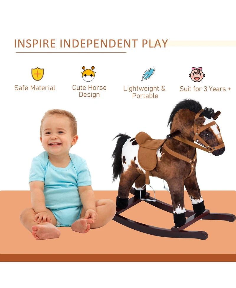 Glintex Plush Wooden Rocking Horse with Neighing Sounds, 88 lbs Capacity, Ages 3+