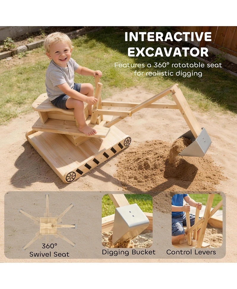 Glintex Wooden Sandbox with 360-Degree Digger and Liner, 72" x 35", Holds 440 lbs of Sand, Ages 3-6