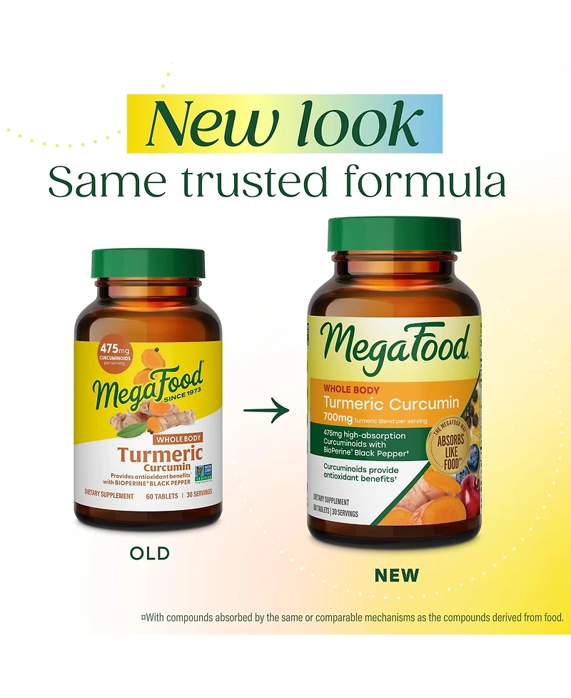 MegaFood Whole Body Turmeric Curcumin Supplement with Black Pepper and Vitamin C, 90 Count