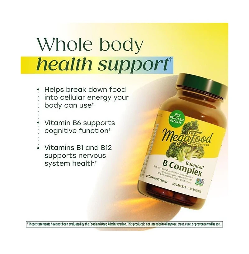 MegaFood Balanced B Complex Vitamins for Women and Men, Vitamin B6, Vitamin B12, Folate and Biotin, 30 Ct