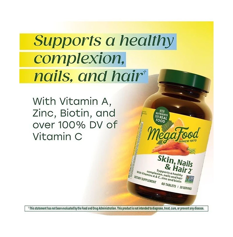 MegaFood Skin, Nails and Hair 2 with Biotin, Zinc and Vitamin A, C, and E, Supports a Healthy Complexion, Nails and Hair, 60 Ct