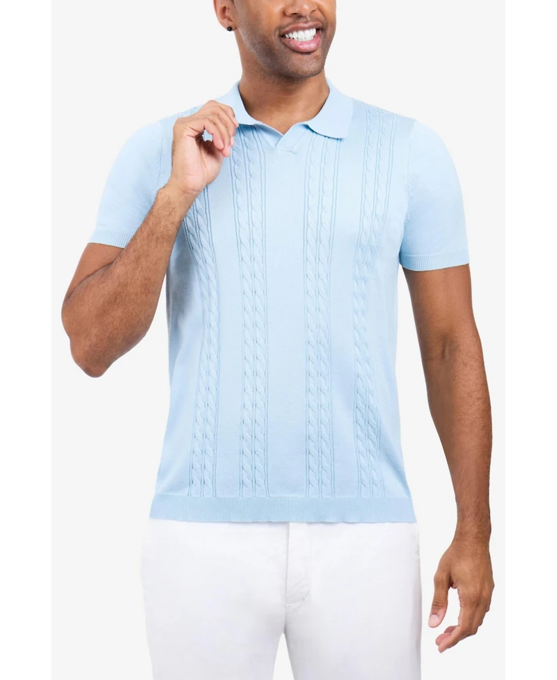 Spring + Mercer Men's Cable Knit Johnny Collar Sweater Slim-Fit Polo Shirt