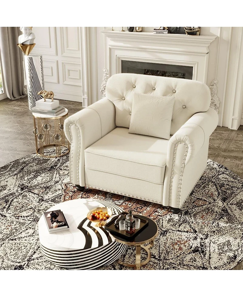 Maison Boucle Velvet Accent Chair with Ottoman, Tufted Nailhead Rolled Arms, Pillow