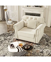 Maison Boucle Velvet Accent Chair with Ottoman, Tufted Nailhead Rolled Arms, Pillow