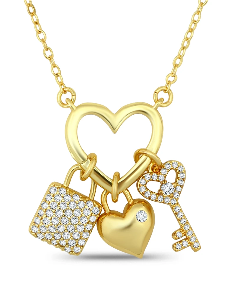 Macy's 14k Gold-Plated Over Brass Heart Shape Charm Holder with Heart, Key and Lock Charms Necklace