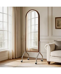 Phying Arched Full-Length Mirror with Storage Shelves, Premium Rubber Wood Freestanding Rolling Dressing Mirror and Bookcase Cart