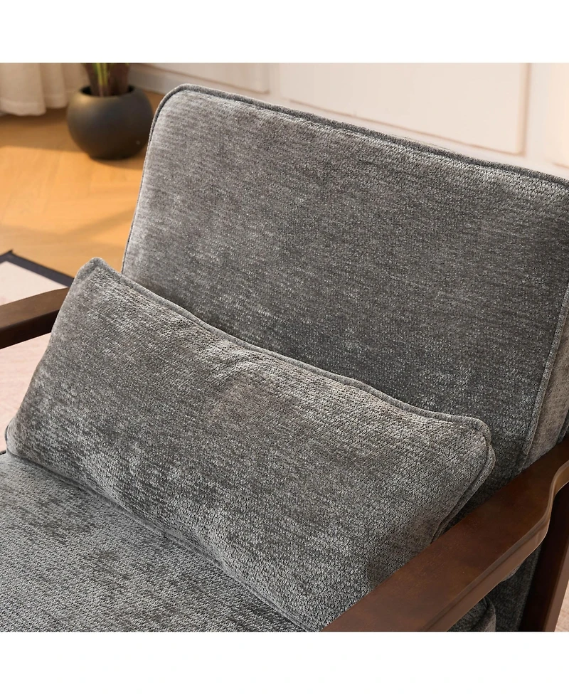 Rainsken Upholstered Mid Century Modern Accent Chair with Straight Wood Armrests and Lumbar Pillow