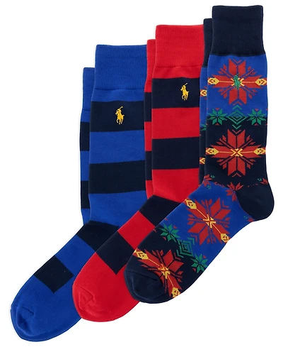 Polo Ralph Lauren Men's Snowflake/Rugby Stripes Cotton-Blend Crew Socks, 3-Pack