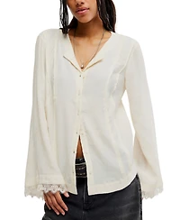 Free People Women's Donni Collared Long-Sleeve Lace-Trim Blouse