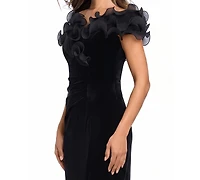 Xscape Women's Velvet Off-the-Shoulder Ruffled Long Gown