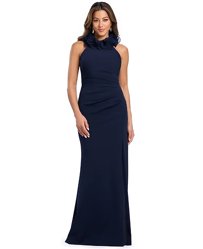 Xscape Women's Jessica Halter Ruffled-Collar Ruched Side-Slit Gown