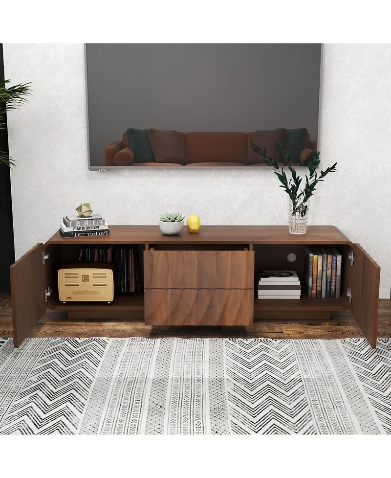 Rainsken 58 inch Tv Stand, Spiral Wave Design, With Storage Cabinet And 2 Drawers for 60" , Media Console, Living Dining