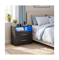 SongmicsHome Bedside Table, Side End Table, Nightstand with Power Outlets, Sliding Lid, Led Lights, 2 Drawers