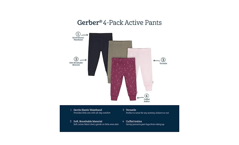 Gerber Baby Girls 0M - 24M Vanilla Active Pants, 4-Pack