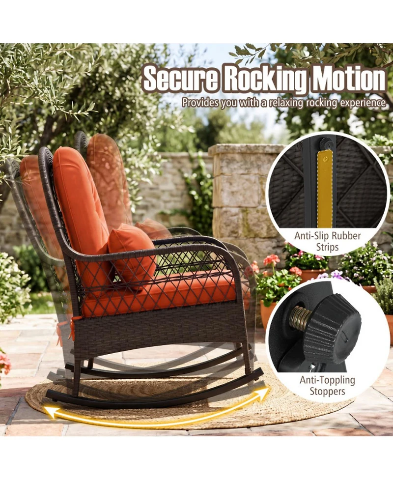 Slickblue Patio Rattan Rocking Chair with Seat Back Cushions and Waist Pillow