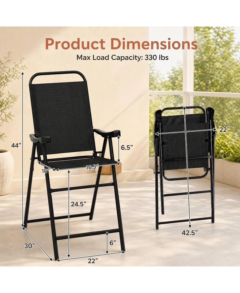 Gymax 2PCS Patio Bar Chair Folding Bar Height Metal Frame w/ Footrest Garden Coffee Black