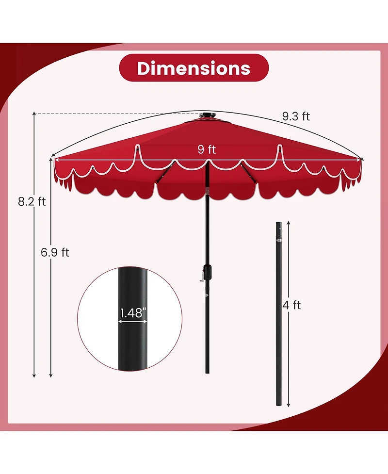 Gouun 9.3 feet Solar Patio Umbrella with 24 Led Lights, Vented Top and Ruffles