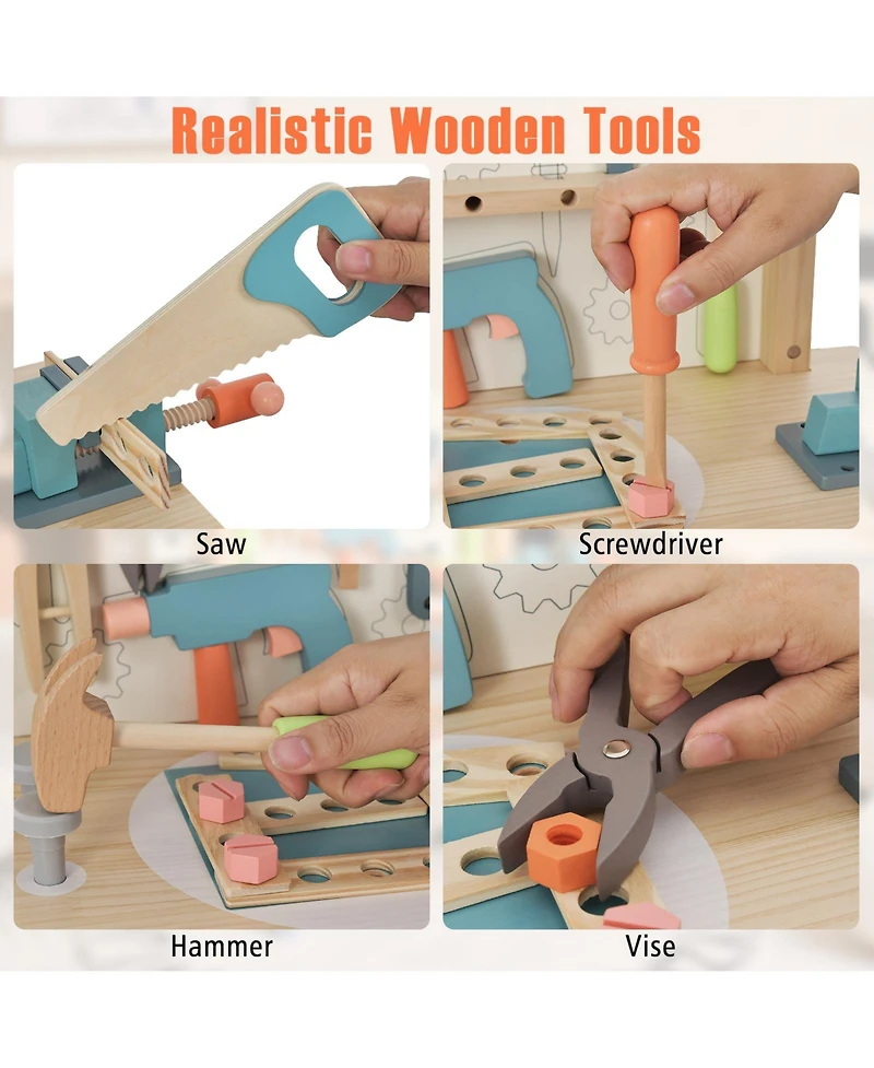 Mecale Solid Pine Wood Play Tool Workbench with Storage Shelf, Ages 3+