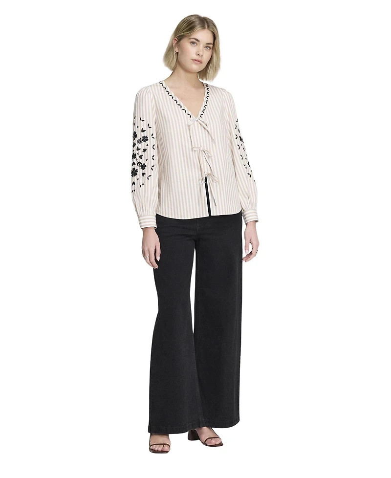 Finery London Women's Karlee Striped Tie-Front Long-Sleeve Top