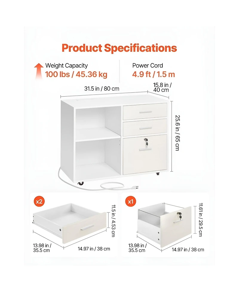 Slickblue 3 Drawer Mobile File Cabinet with Led Light and Storage Shelves