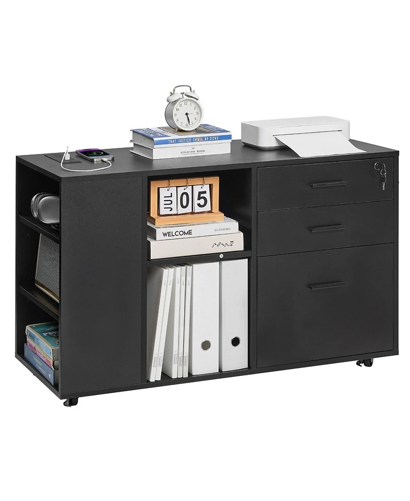 Slickblue 3 Drawer Mobile File Cabinet with Power Strip and Shelves