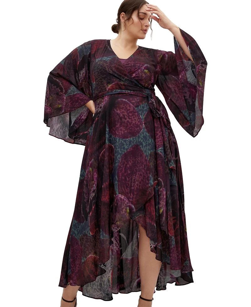 City Chic Women's Plus Evangeline V-Neck Bell-Sleeve Floral-Print Wrap Maxi Dress