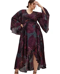 City Chic Women's Plus Evangeline V-Neck Bell-Sleeve Floral-Print Wrap Maxi Dress