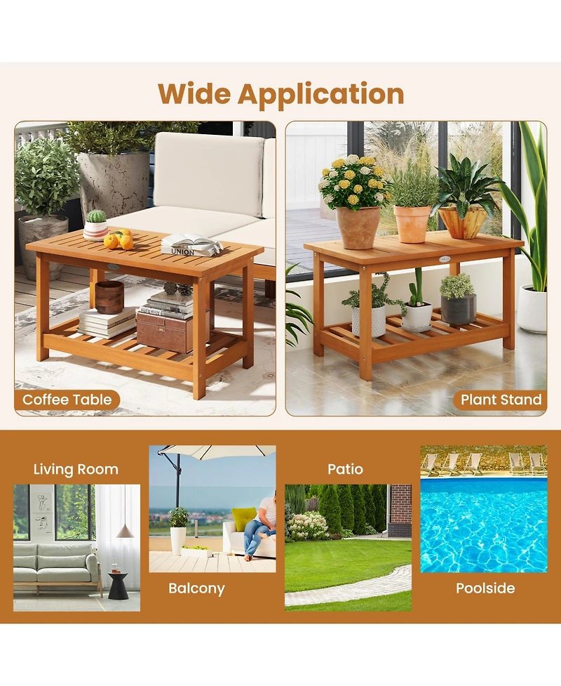 Mecale 29.5 in Acacia 2-Tier Outdoor Coffee Table with Open Shelf