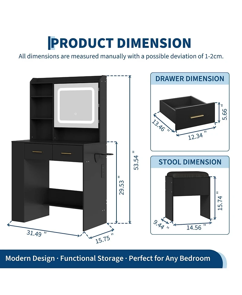 Makeup Vanity Desk with Led Lighted Mirror, Charging Station, Cushioned Stool, Drawers, Shelves and Hairdryer Rack