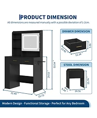 Makeup Vanity Desk with Led Lighted Mirror, Charging Station, Cushioned Stool, Drawers, Shelves and Hairdryer Rack