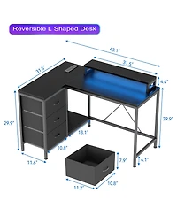 gaomon Computer Desk, Reversible L Shaped Study Gaming Desk with Rgb Led Lights, Storage Drawer, Power Outlets, Monitor Stand for Home Office
