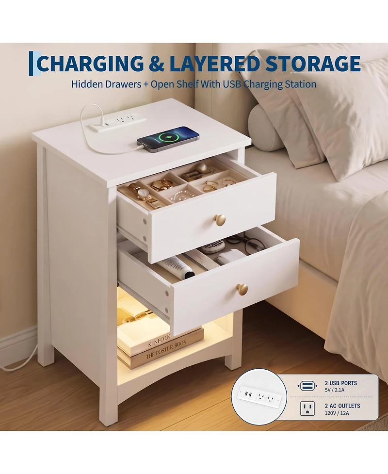 Nightstand with Charging Station, Led Light Strip, 2 Drawers and Open Shelf, Modern Mid-Century Bedside Table for Bedroom or Dorm