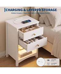 Nightstand with Charging Station, Led Light Strip, 2 Drawers and Open Shelf, Modern Mid-Century Bedside Table for Bedroom or Dorm
