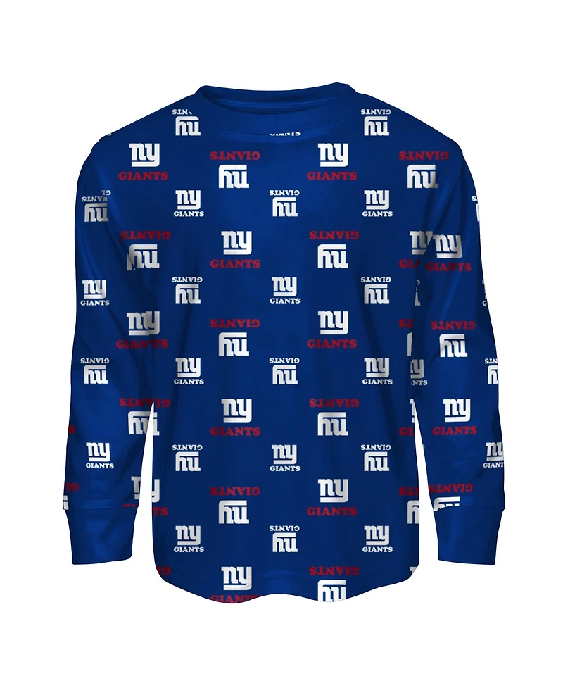 Outerstuff Big Boys and Girls Blue New York Giants All-Over-Print Long Sleeve T-Shirt Pants Sleep Set