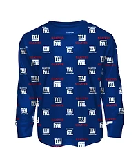 Outerstuff Big Boys and Girls Blue New York Giants All-Over-Print Long Sleeve T-Shirt Pants Sleep Set