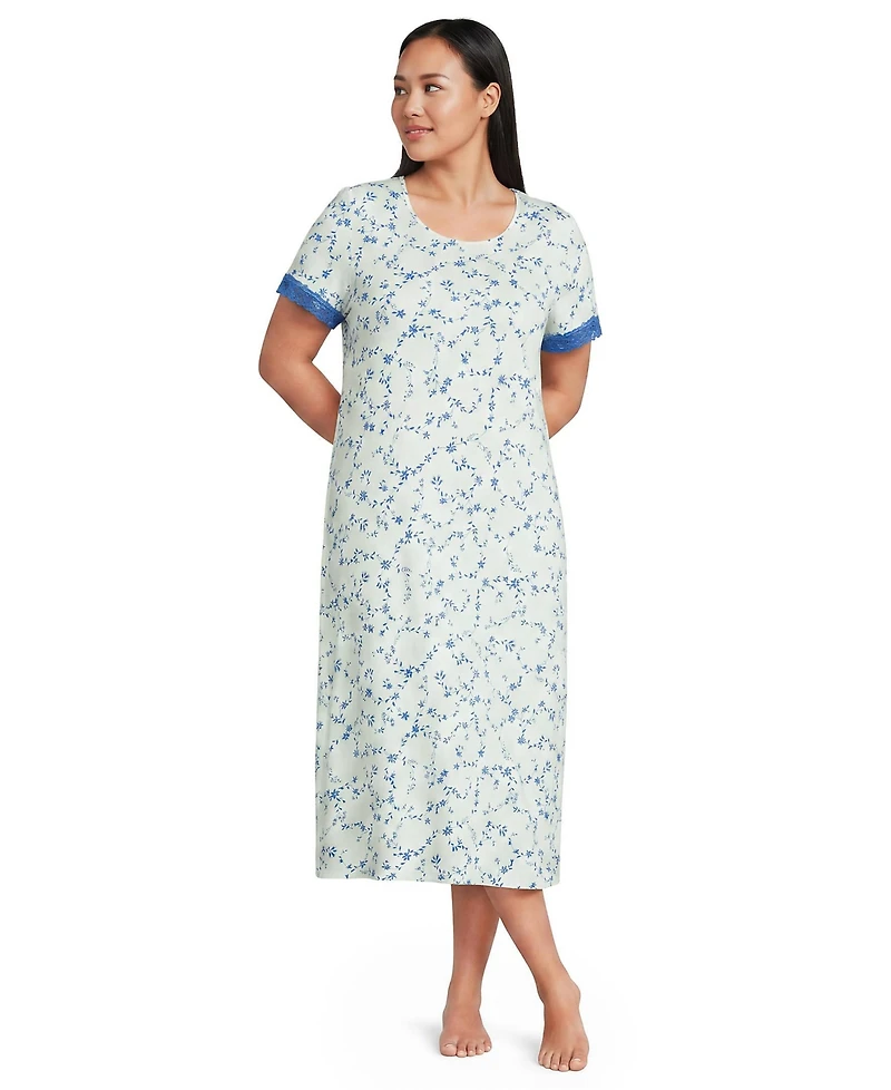 Lands' End Plus Cooling Floral Mid-Calf Short-Sleeve Scoop Neck Nightgown