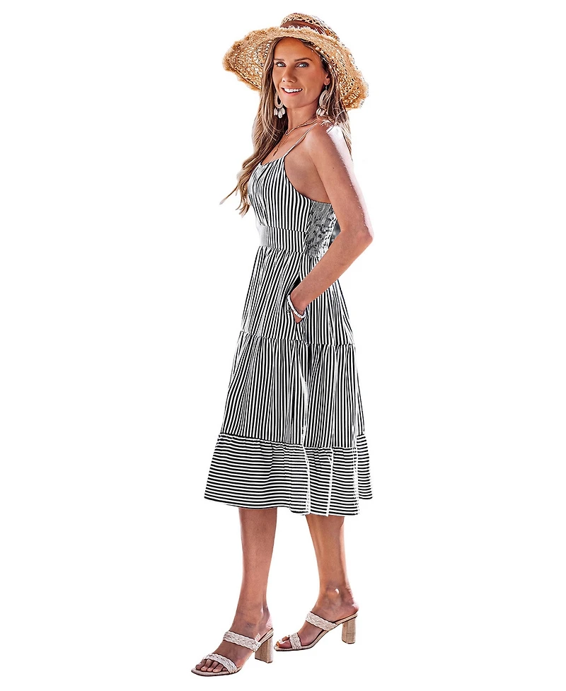 Cupshe Women's Vertical-Stripe Spaghetti-Strap Tiered Midi Dress