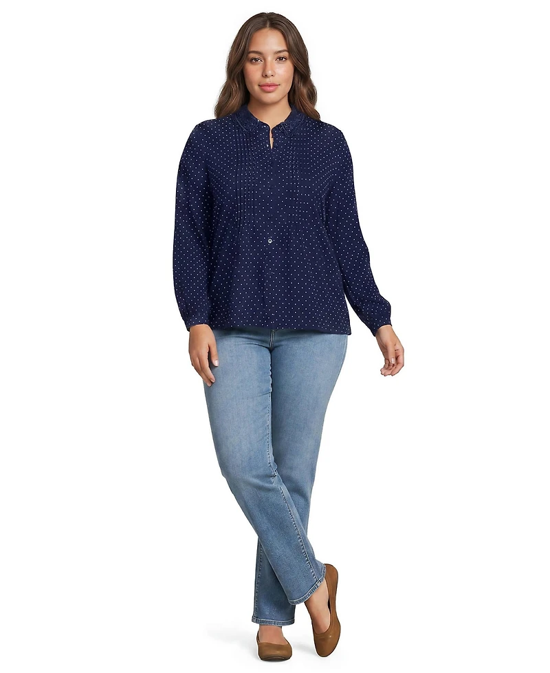 Lands' End Plus Long Sleeve Lightweight Jersey Button Front Trim Collar Pintuck Blouse