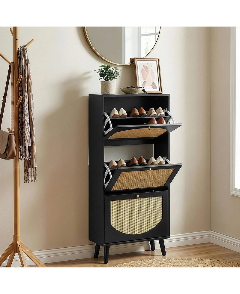 Slickblue Black Rattan Shoe Cabinet with 3-Tier Storage for Entryway