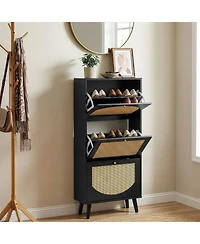 Slickblue Black Rattan Shoe Cabinet with 3-Tier Storage for Entryway